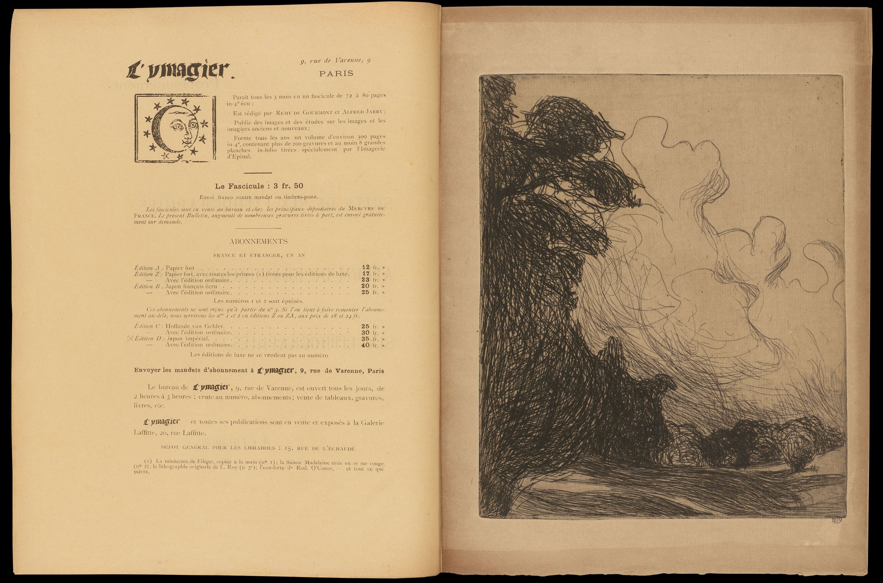 Double page de L'Ymagier présentant une gravure de soleil et de lune à visages humains